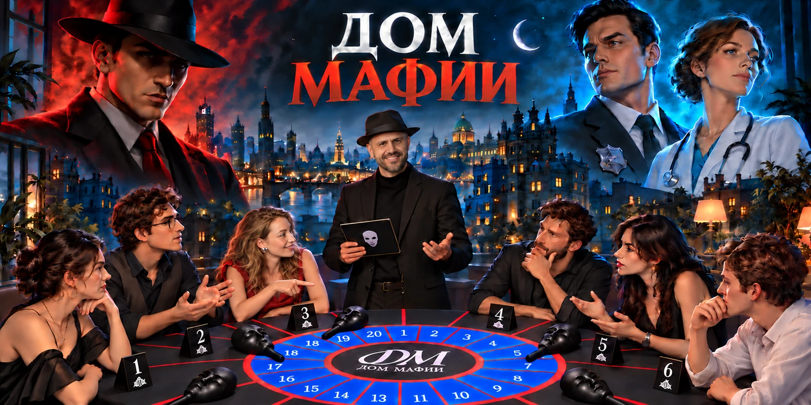 Иллюстрация: ведущий и участники Мафии за игровым столом на фоне ночного города